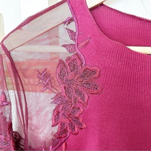 Free People Wine Daniella Lace Embroidered Illusion Shoulder Long Sleeve Top S - Picture 5 of 7